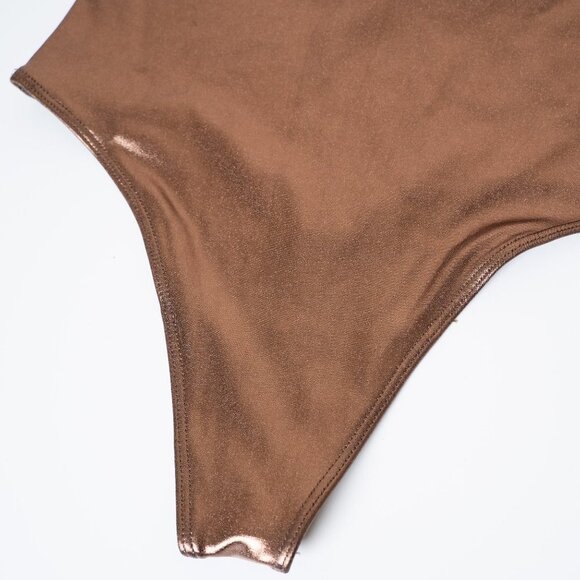 🚨 Aritzia Little Moon Bodysuit Metallic Copper Luna Halter Tie Strap - Picture 6 of 13